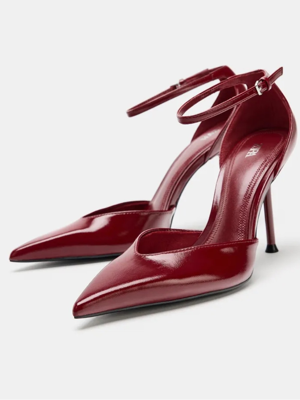 Zara Red Burgundy Ankle Strap Pointed Toe Stiletto Heels Size 7.5 NWT